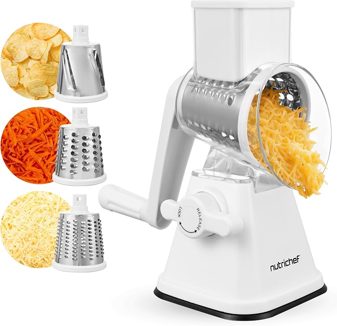 NutriChef 3 in 1 Cheese Grater & Shredder | Strong Suction Base, Rotary Handle by NutriChef%E2%84%A2Kitchen