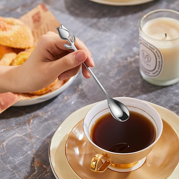Silver Tulip/Rose Handle 12-Pcs Mini Coffee Spoons Set - Image 5