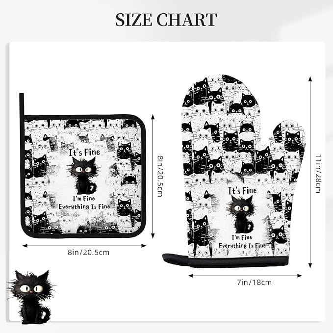 Black Cat Oven Mitts and Pot Holders Sets 3PCS, Cat Silicone Heat Resistant - Image 2