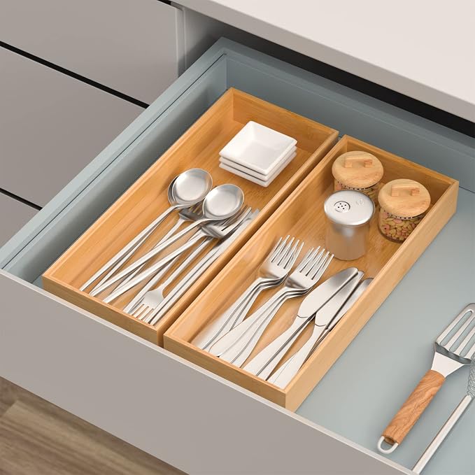 VeyFey Bamboo Drawer Organizer, Stackable Utensil Organizer - Image 2