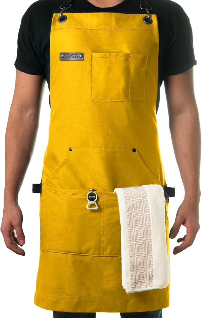 Asaya Chef and BBQ Apron with Bottle Opener and Hand Towel - 10oz Cotton Canvas by AsayaChefProducts