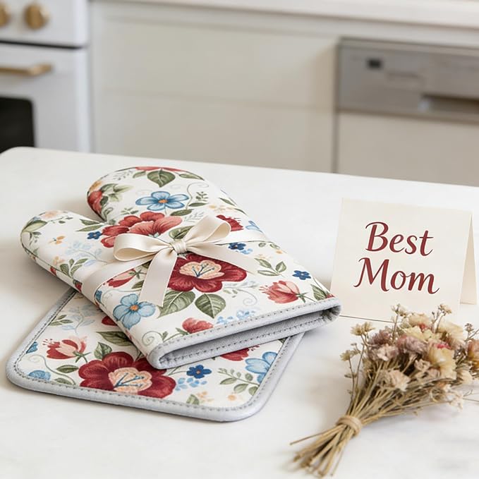 Floral Oven Mitts and Pot Holders Sets 2 Pcs, Canvas Heat Resistant Kitchen - Image 8