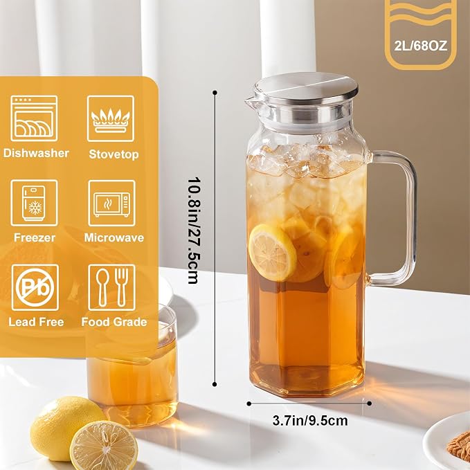 2 Pack 2 Liters/68 oz Octagon Glass Water Pitcher - Image 2