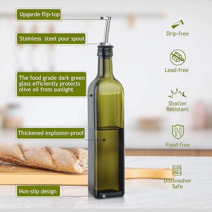 AOZITA [2 PACK 17 oz Glass Olive Oil Dispenser Bottle Set - 500ml Dark Green - Image 2