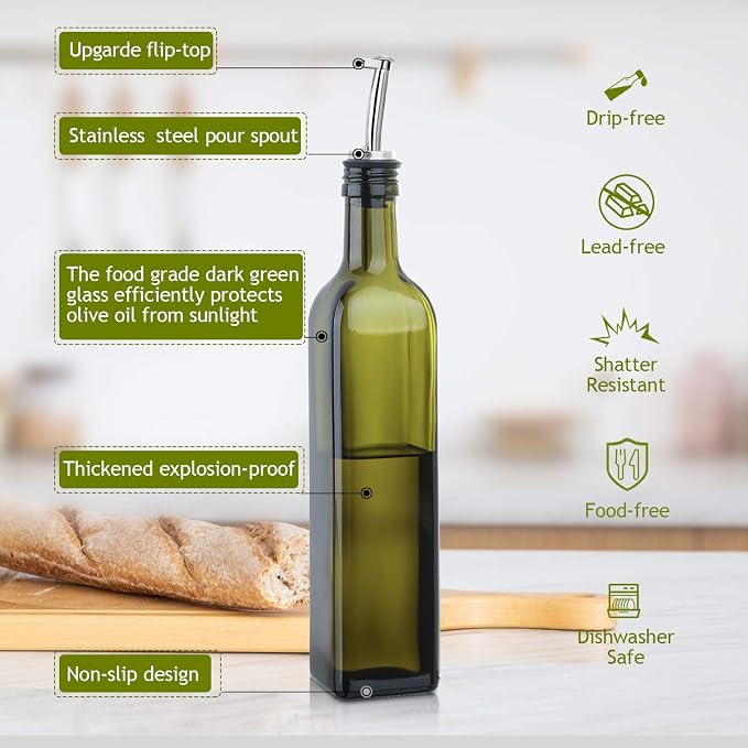 AOZITA 17oz Glass Olive Oil Bottle Dispenser - 500ml Green Oil and Vinegar - Image 2