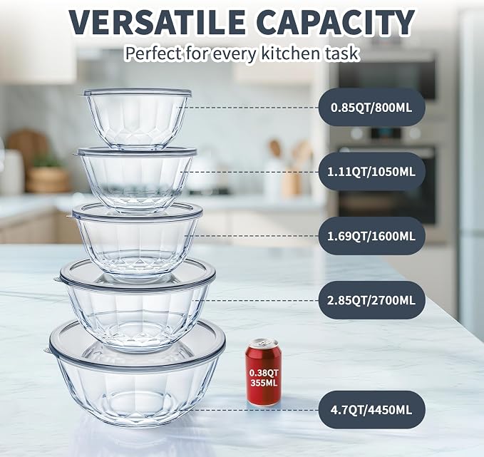 Luvan Glass Mixing Bowls with Lids Set of 5, Large Salad Bowl with Diamond - Image 3