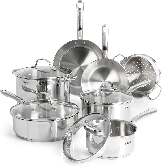 T-fal Stainless Steel Pots and Pans Set 11 Piece, Oven Broiler Safe 500F by T-falbrand