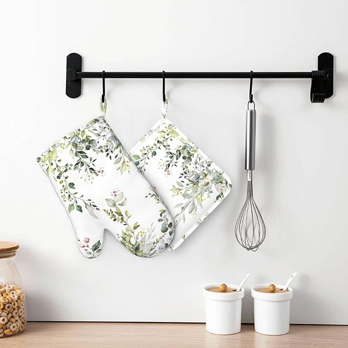 Sage Green Eucalyptus Oven Mitts and Pot Holders Sets Silicone Watercolor - Image 7