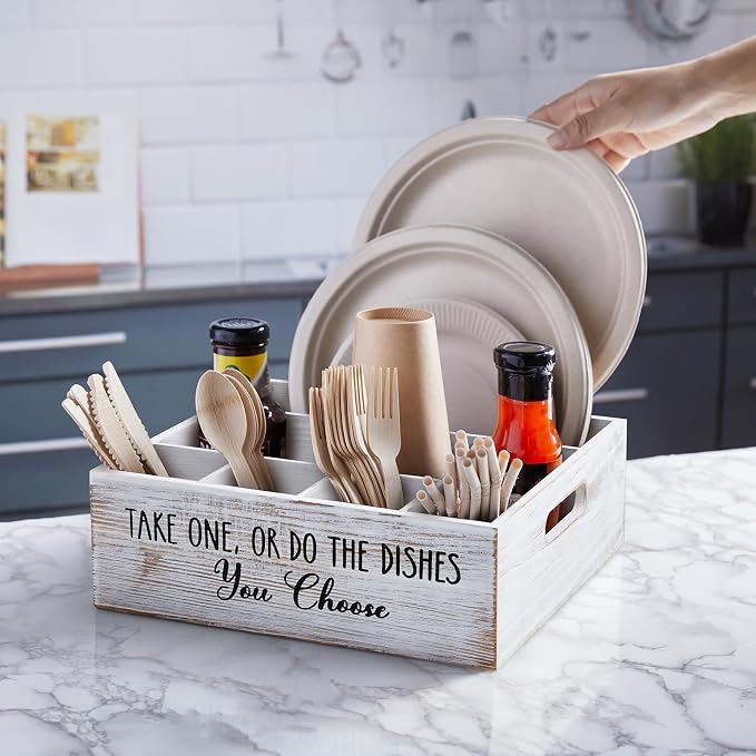 ALELION Rustic White Plate and Utensil Caddy, 6-Compartment Paper Plate and - Image 3