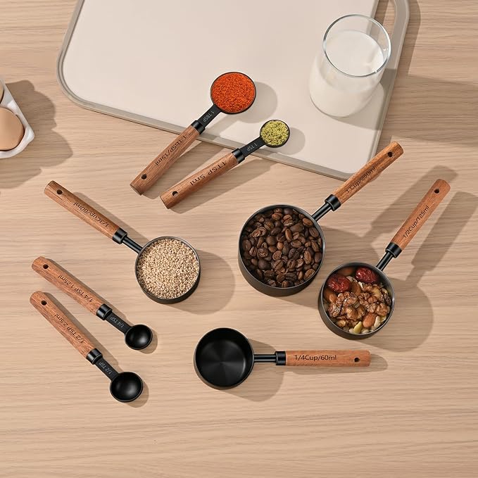 Stainless Steel Measuring Cups and Spoons Set of 8, Stackable Wooden Handle - Image 7