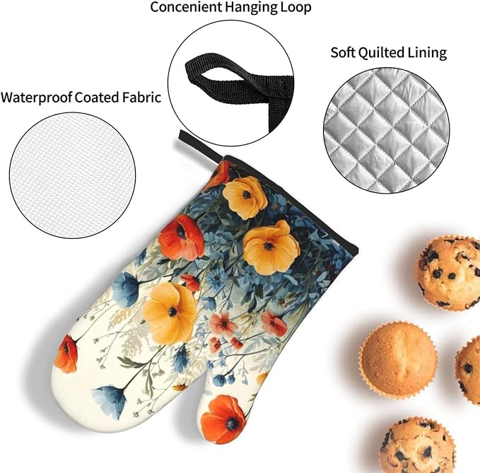 Colorful Wildflower Oven Mitts and Pot Holders Set of 3, Heat Resistant Non - Image 5