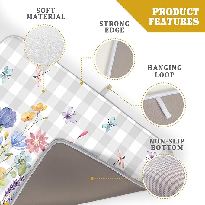 Giwawa Spring Floral Dish Drying Mat, Summer Flower Grey Buffalo Plaids Dish - Image 4
