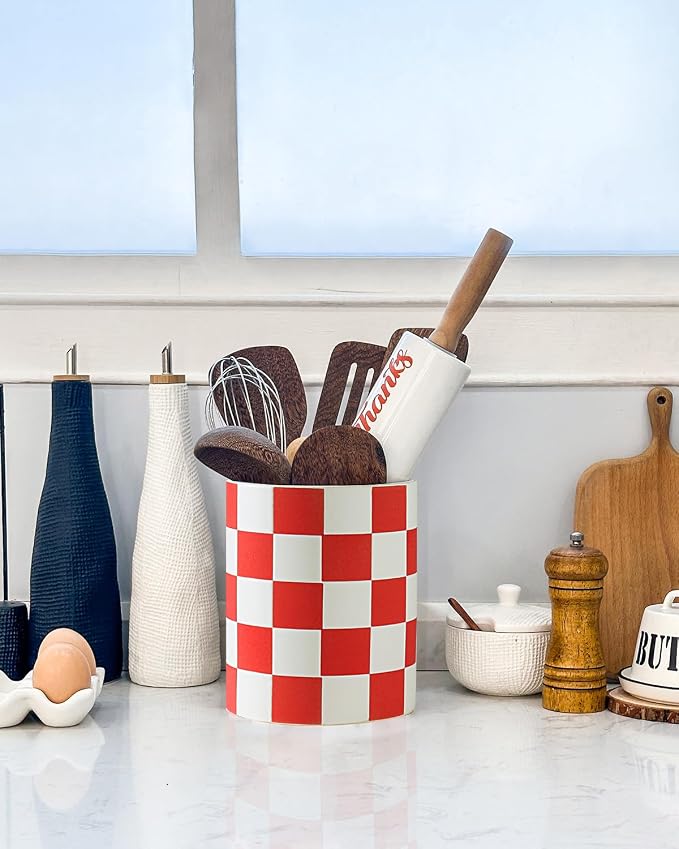 Utensil Holder, 7.2 Inch Checkered Utensil Holder, Ceramic Cooking Utensil - Image 5