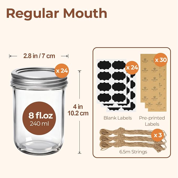 ComSaf Small Mason Jars 8 oz 24Pcs Bulk Set, Half Pint Regular Mouth Mason Jar - Image 2