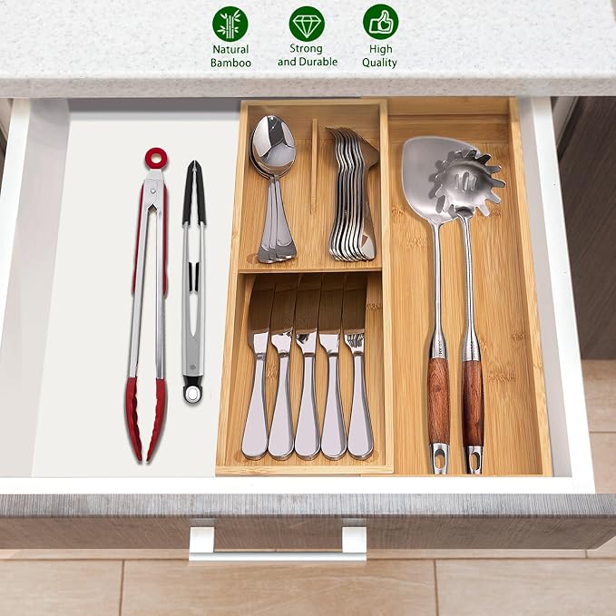 guiogc Bamboo Kitchen Drawer Organizer, Cutlery Tray - Image 7