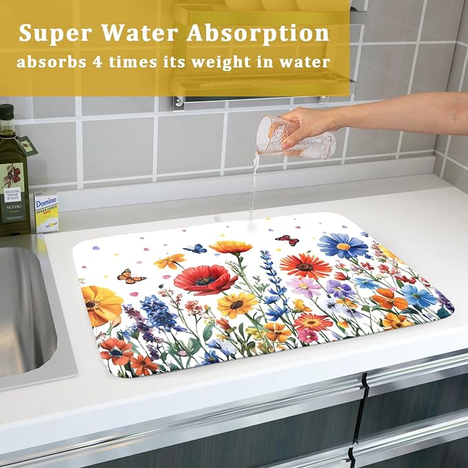 Watercolor Flower Dish Drying Mat 18x24 Inch Floral Butterfly Dish Drainer - Image 7