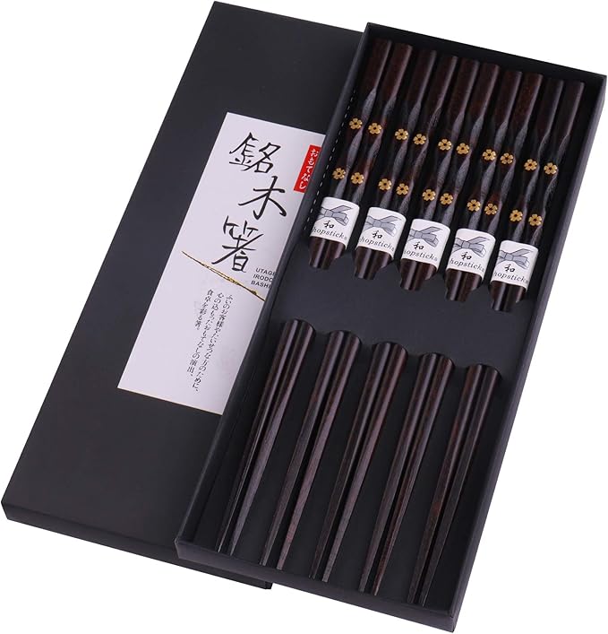 5 Pairs Chopsticks Wooden, Glamfields Reusable Chop sticks, Non-slip Japanese by GLAMFIELDS