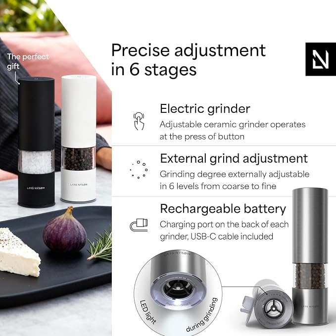 LARS NYSØM Electric Salt and Pepper Grinder Set I Automatic Salt and Pepper - Image 2