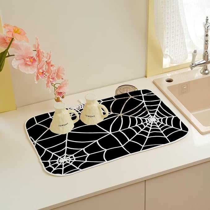 Halloween Spiderweb Dish Drying Mat 18 x 24 inch Halloween Scary Themed Black - Image 6