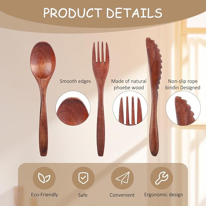 6 Pcs Wooden Utensils for Eating, Wooden Spoon Fork Cutlery Set Kitchen Wood - Image 4