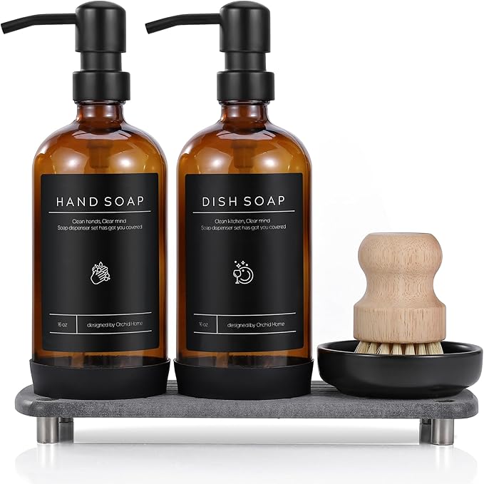 Kitchen Soap Dispenser Set - 16OZ Amber Glass Bottle by ORCHID+HOME