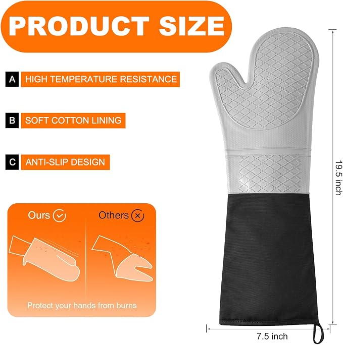 Extra Long Silicone Oven Mitts, Heat Resistant Oven Gloves - Image 2