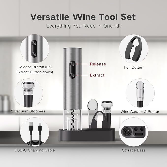 6-in-1 Electric Wine Opener Gift Set, BABONIR Stainless Steel USB-C - Image 5
