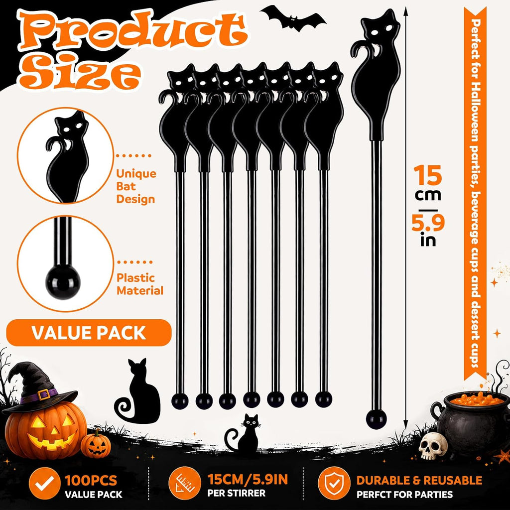 Silifine 100 Pcs Halloween Swizzle Sticks Plastic Black Cat Drink