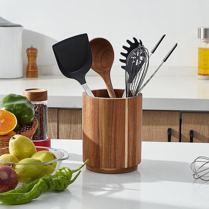 Acacia Wood Utensil Holder for Kitchen Counter, 360° Rotating 7.2" Wooden - Image 3