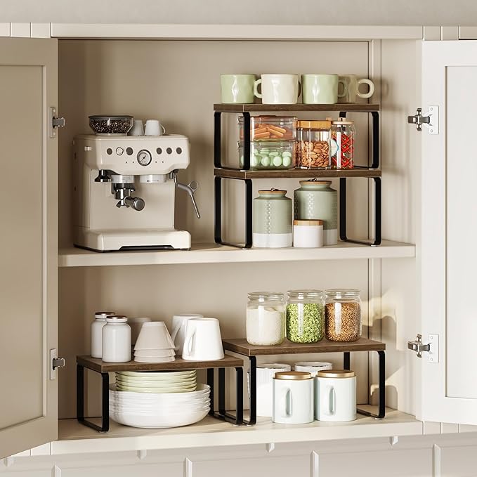 HOOBRO Cabinet Organizer Shelf, Expandable Kitchen Storage, Stackable Bamboo - Image 2