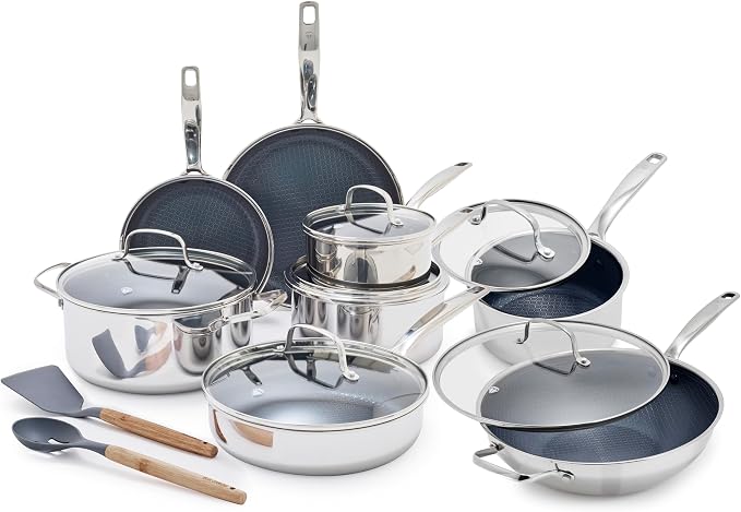 Blue Diamond Hybrid Nonstick Stainless Steel 16 Piece Cookware Set, Tri-Ply by BlueDiamondCookware