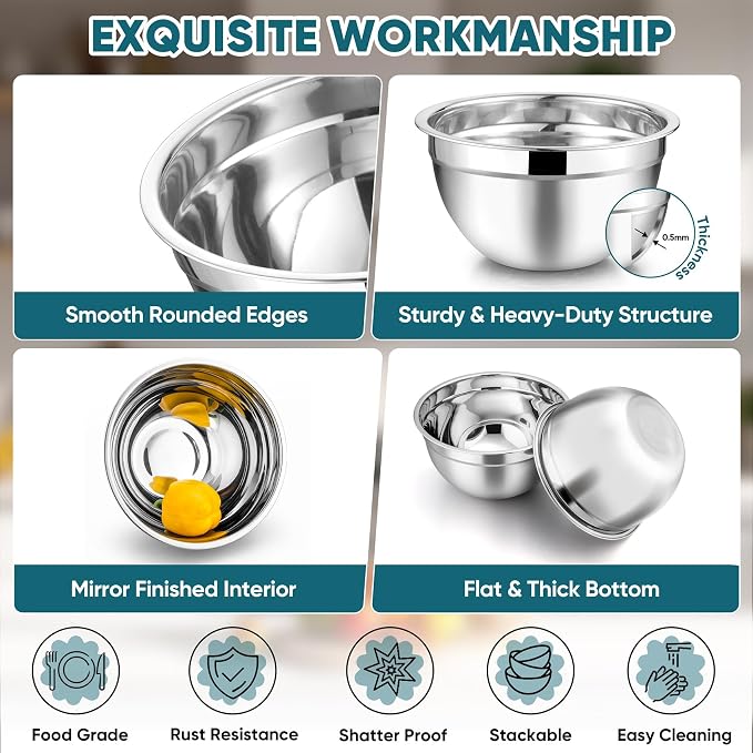 TeamFar Mixing Bowl Set of 5, Stainless Steel 4.5/3/1.5/1/0.7 QT Metal Nesting - Image 4