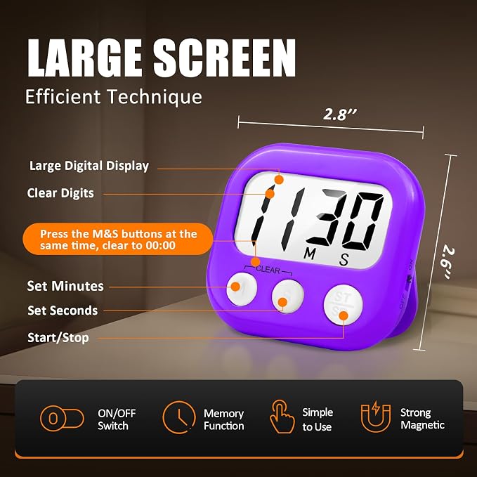 2 Pack Digital Kitchen Timer for Cooking Big Digits Loud Alarm Magnetic Backing - Image 2