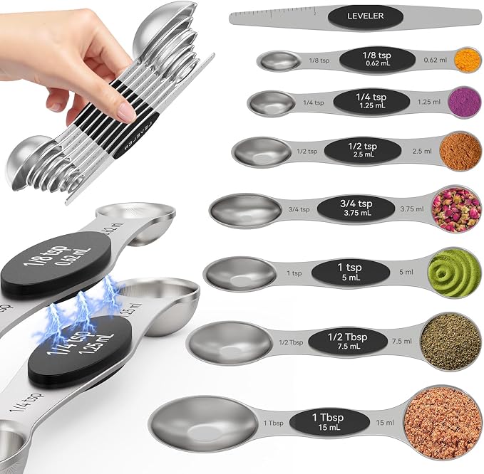 Magnetic Measuring Spoons Set of 8 | Heavy Duty 304 Stainless Steel, Triple by Abtrino