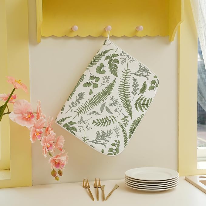 Sage Green Herb Leaves Dish Drying Mat 18 x 24 Inch Vintage Sage Green Leaf - Image 4
