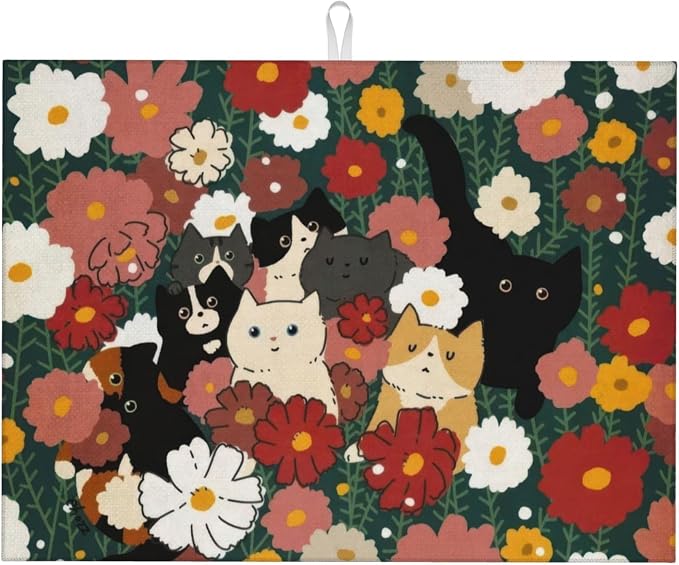Cute Cat Flowers Dish Drying Mat 18x24 Inch, Microfiber Absorbent Fast Dry Mat by Unknown
