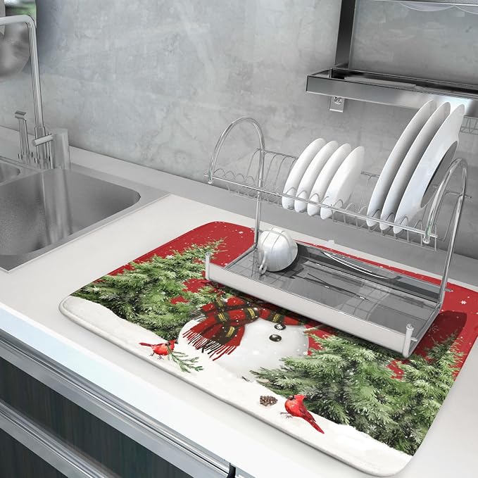 Christmas Dish Drying Mat for Kitchen Counter Snowman Green Christmas Tree - Image 5