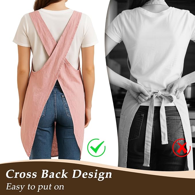 Apron for Women with Pocket Cotton Linen, Japanese Cross Back Apron for - Image 3