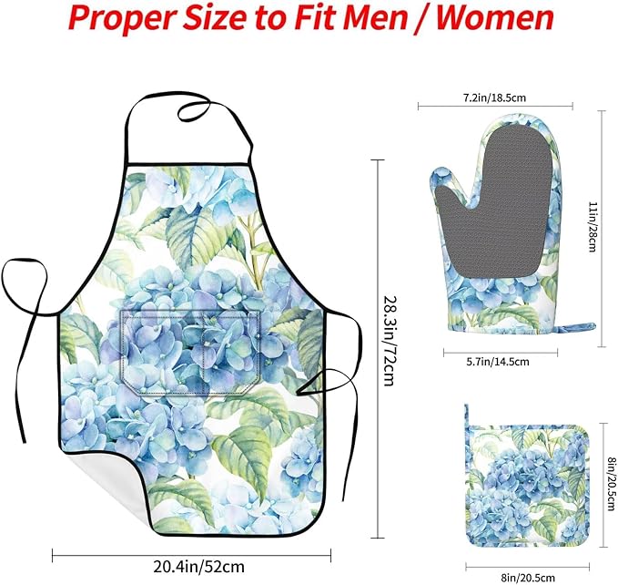 Blue Hydrangea Flowers Watercolor Oven Mitts Pot Holders Cooking Apron Set of 5 - Image 2
