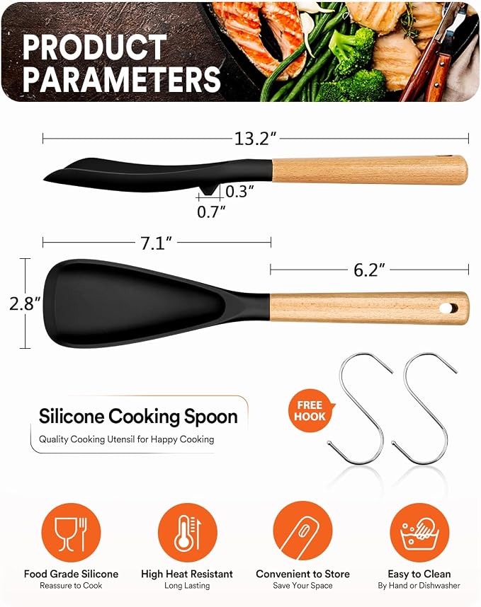 Cooking Spoon for Nonstick Cookwares, Wood Handle Spoon for Mixing, and Scrape - Image 2