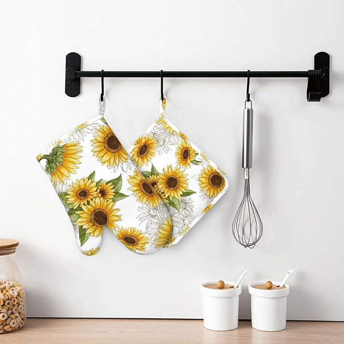 Yellow Sunflower Oven Mitts Pot Holders Set Silicone Heat Resistant Sunflowers - Image 7