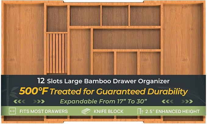 keechee Carbonized Large Bamboo Kitchen Drawer Organizer, 12 Slots Expandable by Keechee