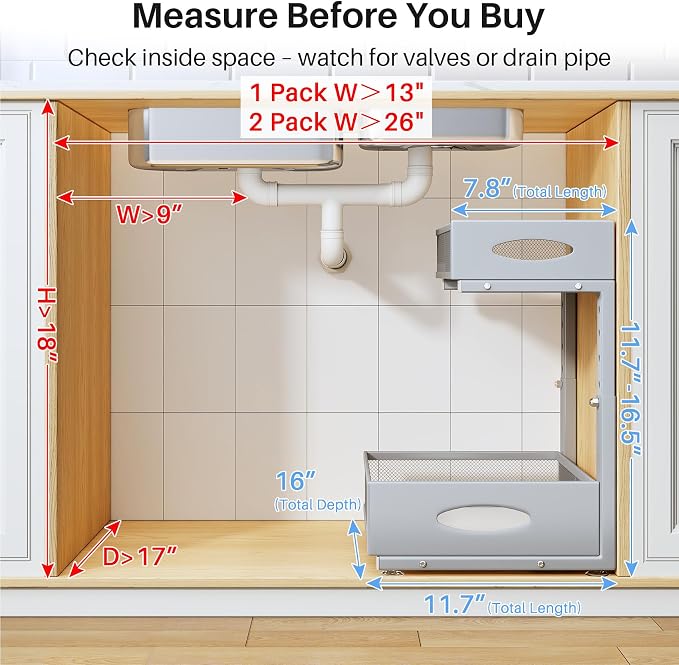 Under Sink Organizer, 2 Pack 2 Tier Pull Out Under Cabinet Organizer Shelf - Image 2