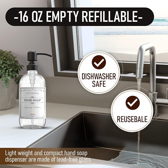 Sunrise Premium 2 Pack Clear Glass Soap Dispenser 16 OZ - Image 2