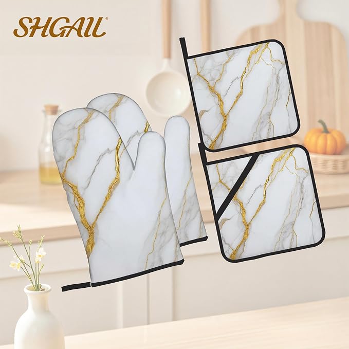 White Gold Marble Oven Mitts and Heat Resistant Pads - Image 2
