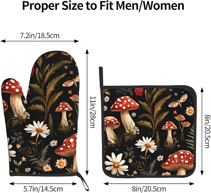 Mushroom Oven Mitt Pot Holder Set Vintage Floral BBQ Cooking Gloves - Image 3