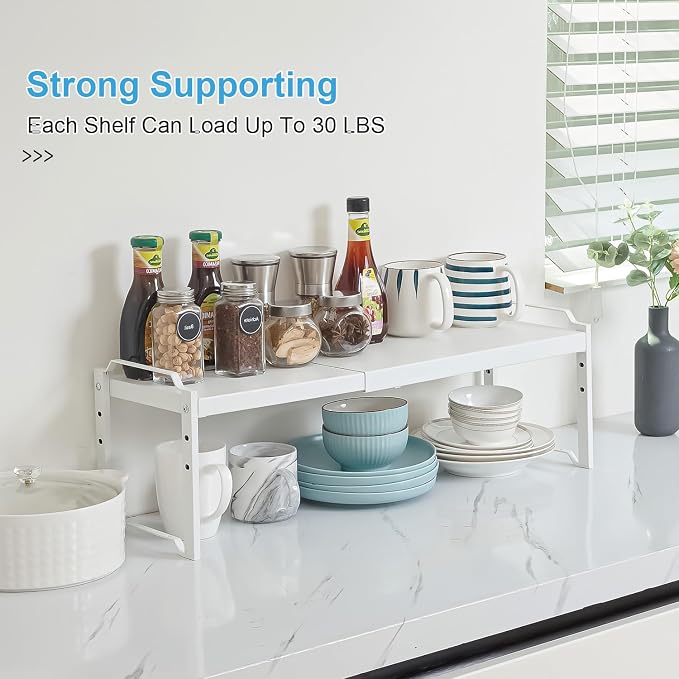 Set of 2 Expandable Kitchen Cabinet Shelves Organizers, Stackable Adjustable - Image 4