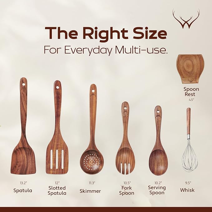 7 Pcs Teak Wooden Kitchen Utensils – Handcrafted Wooden Cooking Utensils Set - Image 3
