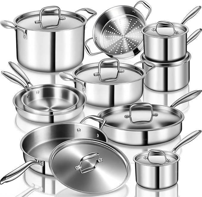 EWFEN Stainless Steel Cookware Set, 3 Ply 17 Piece Stainless Steel Pot and Pan by EWFEN