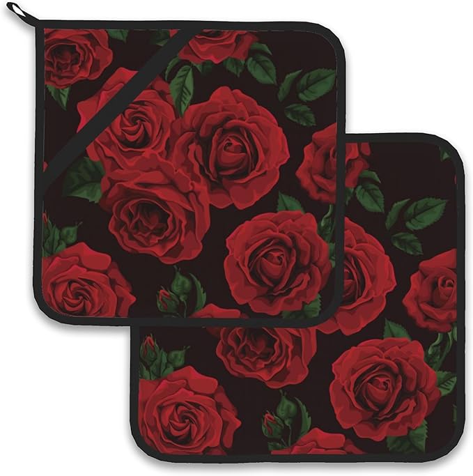 Vintage Red Rose Pot Holder Set of 2, Heat Resistant Potholders Oven Hot Pads by Larkverk